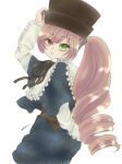  1girl :o black_headwear black_ribbon blush brown_hair cosplay cowboy_shot drill_hair frills green_eyes hat heterochromia highres kiru_(m_putorius) long_hair long_sleeves looking_at_viewer neck_ribbon open_mouth red_eyes ribbon rozen_maiden shorts side_drill simple_background solo souseiseki souseiseki_(cosplay) suiseiseki top_hat 