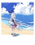  1girl artist_name bare_legs bare_shoulders beach blue_archive blue_one-piece_swimsuit blue_sky closed_mouth clouds day expressionless from_behind gohanduck halo highres hina_(blue_archive) hina_(swimsuit)_(blue_archive) horizon horns innertube long_hair looking_at_viewer looking_back ocean official_alternate_costume one-piece_swimsuit outdoors sandals sky solo sparkle standing swimsuit very_long_hair violet_eyes water white_hair 