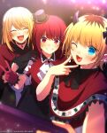  3girls :3 absurdres arima_kana ascot ayumu8828 black_bow black_bowtie black_choker black_gloves black_headwear black_ribbon black_skirt blonde_hair blue_eyes blurry blush bob_cut bow bowtie capelet choker clenched_teeth collared_shirt commentary_request demon_horns depth_of_field fake_horns fang frilled_capelet frilled_gloves frilled_sleeves frills gloves hair_between_eyes hand_on_another&#039;s_shoulder hat hat_ribbon highres holding holding_phone horns hoshino_ruby idol idol_clothes inverted_bob light_particles long_hair looking_at_viewer medium_hair memcho mini_hat mini_top_hat multiple_girls neck_ribbon no_pupils one_eye_closed open_mouth oshi_no_ko parted_bangs phone pink_gloves puffy_short_sleeves puffy_sleeves red_brooch red_capelet red_shirt redhead ribbon selfie shadow shirt short_hair short_sleeves sidelocks signature skirt smile sweat taking_picture teeth top_hat twitter_username upper_body upper_teeth_only v v_over_mouth watermark white_ascot 