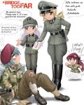  4girls a_bridge_too_far bad_end bandages belt beret blonde_hair boots captured chocolate commentary_request defeat english_text genderswap german_text germany hat headwear_removed helmet helmet_removed holster injury mahou_shoujo_madoka_magica miki_sayaka military multiple_girls officer operation_market_garden real_life running sakura_kyouko shingyouji_tatsuya sitting skull soldier special_air_service title tomoe_mami torn_clothes translated united_kingdom waffen-ss world_war_ii 