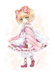  1girl apron blonde_hair blush bow candy expressionless food food_print full_body green_eyes hair_bow hinaichigo holding holding_candy holding_food japanese_clothes kimono kiru_(m_putorius) lolita_fashion looking_at_viewer mary_janes parted_lips pink_kimono rozen_maiden shoes short_hair socks solo strawberry_print wa_lolita white_apron white_socks 