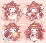  1girl blush brown_hair character_name chibi closed_eyes closed_mouth cookie detached_sleeves double_bun dress english_text flower food hair_bun hair_flower hair_ornament hairband headgear heart highres holding japanese_clothes kantai_collection kongou_(kancolle) long_hair macaron multiple_views nada_namie nontraditional_miko one_eye_closed open_mouth petals red_flower ribbon-trimmed_sleeves ribbon_trim simple_background skirt spoon wide_sleeves 