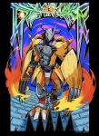  armor claws digimon digimon_(creature) digimon_adventure full_body green_eyes helmet highres horns mas_square multicolored_background no_humans redhead solo standing wargreymon 