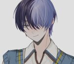  1boy aoyagi_touya blue_hair closed_mouth collared_shirt commentary_request dark_blue_hair green_eyes grey_background hair_over_one_eye highres looking_at_viewer male_focus multicolored_hair one_eye_covered portrait project_sekai shirt short_hair simple_background so17p solo split-color_hair two-tone_hair 