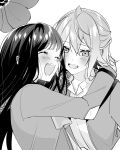  2girls ^_^ anemone_wa_netsu_wo_obiru arm_around_neck blush closed_eyes couple greyscale hair_between_eyes highres komiyama_mashiro long_hair long_sleeves looking_at_another monochrome multiple_girls ootsuki_nagisa open_mouth school_uniform short_hair sketch teeth upper_teeth_only yuama_(drop) yuri 