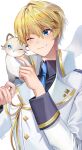  1boy ;) aiguillette animal_on_shoulder black_shirt blonde_hair blue_eyes blue_necktie buttons closed_mouth collared_jacket collared_shirt creepyday diamond_button ferret gold_trim hair_between_eyes hand_up highres hiyamaru holostars jacket kishido_temma lapel_pin light_blush long_sleeves looking_at_animal male_focus necktie one_eye_closed shirt short_hair simple_background sleeve_cuffs smile solo upper_body virtual_youtuber white_background white_jacket 