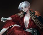  1boy absurdres black_background black_eyes black_jacket closed_mouth collarbone cowboy_shot cup empty_eyes highres holding holding_cup jacket jacket_on_shoulders japanese_clothes kimono knee_up looking_at_viewer male_focus pizza_oisii6 red_kimono sano_manjirou short_hair sitting solo tokyo_revengers white_hair 