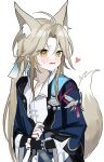  1boy absurdres animal_ears annlin black_bridal_gauntlets blonde_hair chinese_clothes fox_boy fox_ears fox_tail heart heart_in_eye highres honkai:_star_rail honkai_(series) long_sleeves looking_at_viewer male_focus solo symbol_in_eye tail white_background yanqing_(honkai:_star_rail) yellow_eyes 