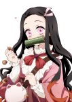  1girl absurdres alternate_costume bamboo black_hair dress hair_ribbon highres japanese_clothes kamado_nezuko kimetsu_no_yaiba kimono long_hair long_sleeves multicolored_hair orange_hair pink_dress pink_eyes pink_kimono pink_ribbon pori_(kmt_pori) ribbon solo very_long_hair white_background 