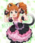  1girl animal_ears aqua_eyes blunt_bangs cat_ears cat_tail commentary_request dress drill_hair gloves idolmaster idolmaster_(classic) idolmaster_million_live! idolmaster_million_live!_theater_days official_art open_mouth orange_hair partially_fingerless_gloves paw_pose pink_dress smile solo tail takatsuki_yayoi twintails 