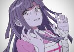 1girl angst apron black_hair clenched_teeth collared_shirt crying danganronpa_(series) danganronpa_2:_goodbye_despair grey_background hands_up highres long_hair looking_at_viewer mole mole_under_eye muro_(nrvc5252) pink_shirt shirt simple_background solo tears teeth tsumiki_mikan two-tone_shirt white_apron