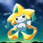  character_name closed_mouth commentary_request dated full_body glowing green_eyes highres jirachi night no_humans outdoors outline pokemon pokemon_(creature) ratemich sky smile solo sparkle star_(sky) 