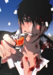  1boy black_eyes black_hair black_jacket blood blood_on_clothes blood_on_face collared_shirt cup drinking_glass grin hand_up highres holding holding_cup jacket long_sleeves looking_at_viewer male_focus mix_(wkupmix) nicholas_d._wolfwood shirt short_hair shot_glass smile solo teeth trigun upper_body white_shirt 