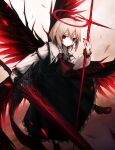 1girl ascot black_skirt black_vest black_wings blonde_hair closed_mouth collared_shirt ex-rumia fingernails frilled_skirt frills hair_between_eyes halo highres holding holding_sword holding_weapon long_fingernails long_sleeves nail_polish red_ascot red_eyes red_footwear red_nails red_wings rumia sharp_fingernails shirt shoes short_hair skirt solo spark621 sword touhou vest weapon white_shirt wings 