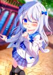  1girl artist_name black_thighhighs blue_bow blue_eyes blue_hair blue_skirt blurry blurry_background blush bow chinomaron collarbone day feet_out_of_frame fingernails gochuumon_wa_usagi_desu_ka? hair_between_eyes hair_bow hair_ornament highres index_finger_raised jacket kafuu_chino light_blue_hair long_hair long_sleeves looking_at_viewer one_eye_closed open_clothes open_jacket open_mouth outdoors plaid plaid_skirt pleated_skirt signature skirt smile solo thigh-highs twitter_username white_jacket x_hair_ornament 