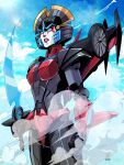  airplane_wing blue_eyes breasts casey_w._coller curvy energy_sword highres holding holding_sword holding_weapon mecha mecha_musume mechanical_wings medium_breasts metal_skin panties red_lips red_panties robot science_fiction steam sword the_transformers_(idw) thighs transformers underwear weapon windblade wings 