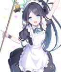  1girl :d apron aris_(blue_archive) aris_(maid)_(blue_archive) arm_up black_hair blue_archive blue_eyes broom commentary highres holding holding_broom long_hair maid maid_apron maid_headdress miya_kazutomo official_alternate_costume open_mouth ponytail smile solo 