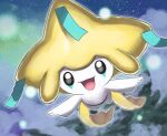  :d above_clouds blurry blurry_background bright_pupils clouds commentary_request flying grey_eyes happy highres jira_(ziraiya26) jirachi looking_at_viewer night no_humans open_mouth outdoors outstretched_arms pokemon pokemon_(creature) sky smile solo tongue white_pupils 