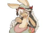  1other black_horns brown_fur claws furry helmet horizontal_pupils horns long_hair made_in_abyss nanachi_(made_in_abyss) open_mouth shie320 simple_background solo teeth topless upper_body upper_teeth_only whiskers white_background white_hair yellow_eyes 