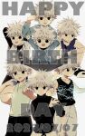  6+boys blue_eyes commentary_request dated electricity facing_viewer happy_birthday highres hunter_x_hunter killua_zoldyck looking_at_viewer male_child male_focus messy_hair multiple_boys short_hair simple_background smile solo_focus spiky_hair teeth uzra_hh white_background white_hair 