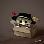  1girl :3 animal_ears black_eyes black_headwear blouse blush bow box brown_background buttons cardboard_box cat_ears chibi closed_mouth diamond_button eyeball frilled_shirt_collar frilled_sleeves frills hat hat_bow hat_ribbon heart heart_of_string heripantomorrow in_box in_container knife komeiji_koishi light_green_hair long_sleeves looking_at_viewer medium_hair ribbon shirt smile solo third_eye touhou wavy_hair wide_sleeves yellow_bow yellow_ribbon yellow_shirt 