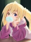  1girl blonde_hair blue_eyes casual chewing_gum commentary_request elbows_on_table eyelashes eyes_visible_through_hair fingernails green_background hair_between_eyes hands_on_own_cheeks hands_on_own_face heterochromia hood hoodie light_blush long_hair long_sleeves looking_at_viewer nakatsu_shizuru purple_hoodie rewrite simple_background solo tagame_(tagamecat) twintails upper_body yellow_eyes 