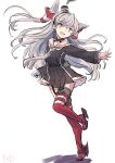  1girl amatsukaze_(kancolle) amatsukaze_kai_ni_(kancolle) black_dress commentary_request dress fuji_(pixiv24804665) full_body grey_hair grey_neckerchief hair_tubes highres kantai_collection long_hair neckerchief red_thighhighs rudder_footwear sailor_collar sailor_dress short_dress simple_background smile smoke smokestack_hair_ornament solo thigh-highs two_side_up white_background white_sailor_collar 