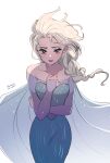  1girl arm_between_breasts bare_shoulders between_breasts blue_dress blue_eyes blush braid breasts cape disney dress elsa_(frozen) eyelashes floating_hair frozen_(disney) hair_over_shoulder highres long_hair makeup parted_lips signature single_braid solo user_raev4755 white_background wind 