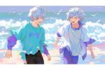  2boys bird blue_hair blush border brothers closed_eyes hewuahua highres jewelry light_blue_hair light_purple_hair long_sleeves male_focus medium_hair multicolored_hair multiple_boys necklace ocean paradox_live seagull short_hair siblings twins twitter_username violet_eyes white_border yatonokami_kanata yatonokami_nayuta 