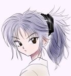  1girl blue_hair brown_eyes expressionless hiiragi_0404 hunter_x_hunter long_hair looking_at_viewer machi_komacine ponytail portrait simple_background solo upper_body white_background 