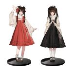  2girls absurdres ankle_socks arm_up black_dress black_eyes black_footwear black_hair black_headdress blunt_bangs blush braid brown_footwear cheese_(cheese_zz74) chinese_clothes chinese_commentary closed_mouth commentary dress earrings frilled_dress frills full_body grey_hair hair_ornament hair_ribbon hanfu high_heels highres jewelry kneehighs long_hair looking_at_viewer multicolored_hair multiple_girls original own_hands_clasped own_hands_together pom_pom_(clothes) pom_pom_hair_ornament red_dress red_lips red_ribbon ribbon simple_background sleeveless sleeveless_dress sleeves_past_wrists smile socks standing streaked_hair twin_braids white_background white_socks wide_sleeves 