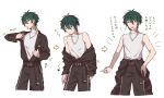 1boy arrow_(symbol) bare_shoulders belt black_belt blue_eyes closed_eyes closed_mouth commentary_request ensemble_stars! green_hair hair_between_eyes heterochromia highres jewelry kagehira_mika long_sleeves male_focus necklace notice_lines open_mouth parted_lips ring_necklace shirt short_hair sleeveless sleeveless_turtleneck teeth translation_request turtleneck upper_teeth_only wednesday_108 white_background white_shirt yellow_eyes 