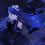  115_koubunshi 1girl bare_shoulders black_gloves blue_cape blue_dress blue_hair cape closed_eyes closed_mouth dress elbow_gloves facing_to_the_side floating_hair gloves highres knight_of_despair lobotomy_corporation long_hair profile project_moon solo star_(sky) teardrop_facial_mark tears upper_body very_long_hair 