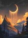  clouds crescent_moon highres kloir landscape moon mountain no_humans original outdoors pine_tree scenery sunset tree 