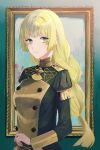  1girl blonde_hair blunt_bangs fire_emblem fire_emblem:_three_houses garreg_mach_monastery_uniform green_eyes highres ingrid_brandl_galatea light_smile long_hair looking_at_viewer looking_back pana_(87) portrait solo 