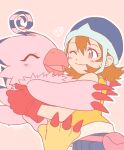  1girl bird closed_eyes denim digimon digimon_(creature) digimon_adventure female_child gdn0522 gloves hair_between_eyes heart highres hug jeans one_eye_closed orange_hair pants pink_background piyomon red_gloves short_hair smile takenouchi_sora 