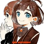  2girls ahoge birthday black_jacket blue_eyes bow bowtie brown_bow brown_bowtie brown_coat brown_hair closed_mouth coat collared_shirt dual_persona hair_ornament hairclip hamelon310 highres hod_(project_moon) jacket library_of_ruina lobotomy_corporation looking_at_viewer medium_hair multiple_girls project_moon shirt sidelocks simple_background smile white_background white_shirt 