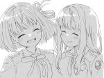  2girls ^_^ bob_cut clenched_teeth closed_eyes collared_shirt commentary greyscale hair_ribbon highres inoue_takina long_hair lycoris_recoil lycoris_uniform monochrome multiple_girls neck_ribbon nishikigi_chisato one_side_up open_mouth ribbon shirt short_hair sidelocks simple_background sketch smile souda_(soudaco1a) teeth upper_body upper_teeth_only white_background 