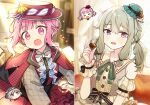  &gt;_&lt; 2girls :d alternate_hairstyle blush bow bowtie buttons chocolate closed_eyes colorful_festival_(project_sekai) commentary_request detached_sleeves dot_nose food green_hair green_ribbon grey_bow grey_bowtie hair_up hairstyle_switch hand_up hat heart highres himitsu_no_valentine_daisakusen!_(project_sekai) holding holding_chocolate holding_food kusanagi_nene long_sleeves low_tied_sidelocks multiple_girls neck_ribbon official_alternate_color ootori_emu open_mouth pink_eyes pink_hair pjmiyo project_sekai purple_headwear red_bow red_bowtie ribbon smile twintails umbrella upper_body violet_eyes 
