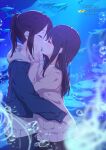  2girls aquarium black_hair blue_jacket blurry blurry_background blurry_foreground blush cardigan closed_eyes commentary cowboy_shot fish grey_hoodie hibike!_euphonium highres hood hoodie hug imminent_kiss jacket kasaki_nozomi kurenaiz liz_to_aoi_tori long_hair long_sleeves looking_at_another multiple_girls open_mouth pink_cardigan ponytail red_eyes sidelocks yoroizuka_mizore yuri 