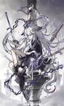  1girl :/ animal_ears aqua_eyes arknights arm_up black_coat black_footwear boots chain closed_mouth coat cuffs floating_hair full_body grey_hair hair_between_eyes hair_ornament hairclip highres holding holding_chain lappland_(arknights) long_hair long_sleeves looking_at_viewer looking_to_the_side scar scar_across_eye shackles solo sword tombstone weapon wolf_ears wolf_girl xinjinjumin4780310 