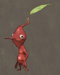  black_eyes bulging_eyes colored_skin creature full_body grey_background highres leaf long_nose nao70shark1 no_humans pikmin_(creature) pikmin_(series) plant pointy_nose red_pikmin red_skin simple_background solid_circle_eyes solo 