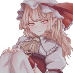  1girl blonde_hair commentary_request flandre_scarlet highres mesuosushi pink_eyes simple_background solo touhou white_background 