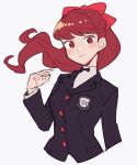  1girl black_jacket blush bow buttons closed_mouth do_m_kaeru floating_hair hair_bow jacket long_hair long_sleeves looking_at_viewer persona persona_5 persona_5_the_royal ponytail red_bow red_eyes school_uniform shirt shuujin_academy_school_uniform simple_background smile solo white_background white_shirt yoshizawa_kasumi 