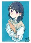  1girl absurdres black_hair blue_background book book_hug fukumaru_koito hair_down hairband highres holding holding_book idolmaster idolmaster_shiny_colors long_hair long_sleeves looking_at_viewer object_hug paayan_(hagakinorock54) shirt solo sweater_vest swept_bangs upper_body violet_eyes white_shirt 