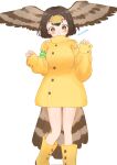  1girl alternate_costume bird_girl bird_tail bird_wings blonde_hair blush boots brown_eyes brown_hair full_body hair_between_eyes head_wings high_collar highres jacket kemono_friends long_sleeves multicolored_hair peregrine_falcon_(kemono_friends) rubber_boots short_hair skygunsou43 solo tail wings yellow_footwear yellow_jacket 