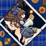  1girl bare_legs barefoot blue_bow bow brown_eyes brown_hair closed_mouth dade_ne floating_hair food from_side full_body hair_bow hands_up highres light_blush long_hair long_sleeves object_request pastry profile seiza sitting smile solo star_sapphire touhou very_long_hair wide_sleeves 