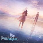  2boys bandaged_arm bandaged_hand bandages black_hair boots clouds coat eiyuu_densetsu english_commentary hajimari_no_kiseki logo long_hair multiple_boys official_art on_water outdoors rean_schwarzer scarf short_hair sky standing standing_on_liquid torn_clothes torn_scarf water white_hair wolfyinthecity 