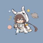 1girl :d ^_^ amiya_(arknights) amiya_(guard)_(arknights) amiya_(guard)_(touch_the_stars)_(arknights) animal_ears animal_hood arknights blue_background blush_stickers brown_hair chibi closed_eyes commentary_request daoshi_niang_lan_er facing_viewer fake_animal_ears hair_between_eyes hood hood_up hooded_jacket jacket long_sleeves looking_at_viewer planet planetary_ring rabbit_ears rabbit_hood simple_background sketch smile solo v white_jacket