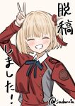  1girl absurdres blonde_hair blue_ribbon blush bob_cut clenched_teeth closed_eyes collared_shirt commentary dress facing_viewer grey_dress hair_ribbon highres long_sleeves lycoris_recoil lycoris_uniform neck_ribbon nishikigi_chisato one_side_up red_dress red_ribbon ribbon shirt short_hair simple_background smile solo souda_(soudaco1a) teeth translation_request twitter_username upper_body v white_background white_shirt 